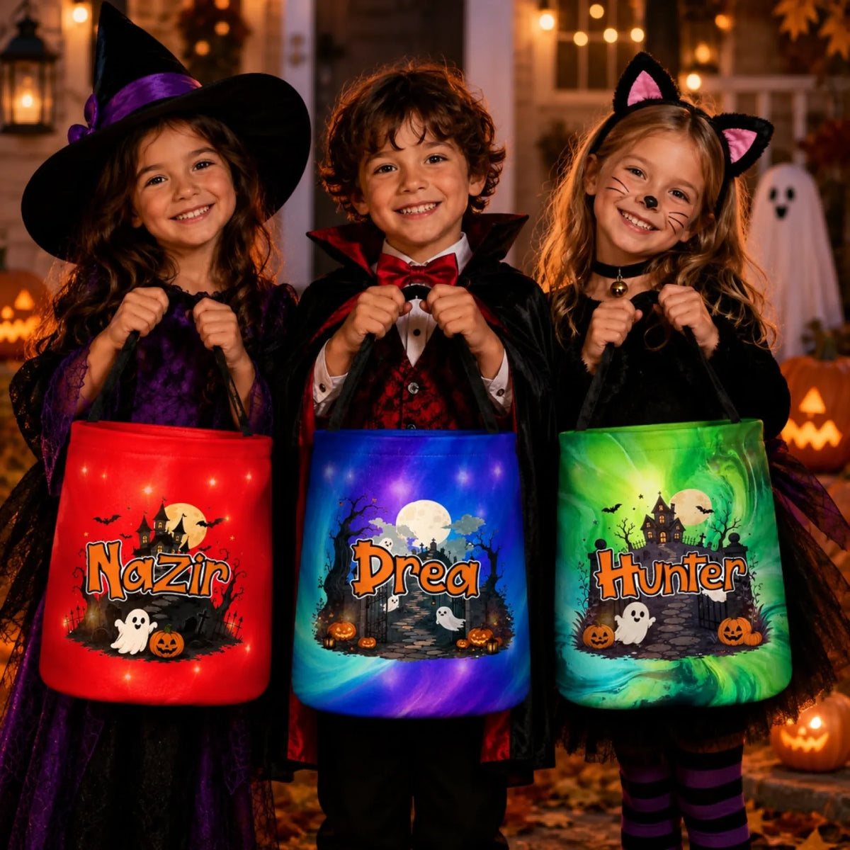 Custom LED Light Bucket Bag - Personalized Halloween Birthday Gifts For Kids - Tiny Trickster
