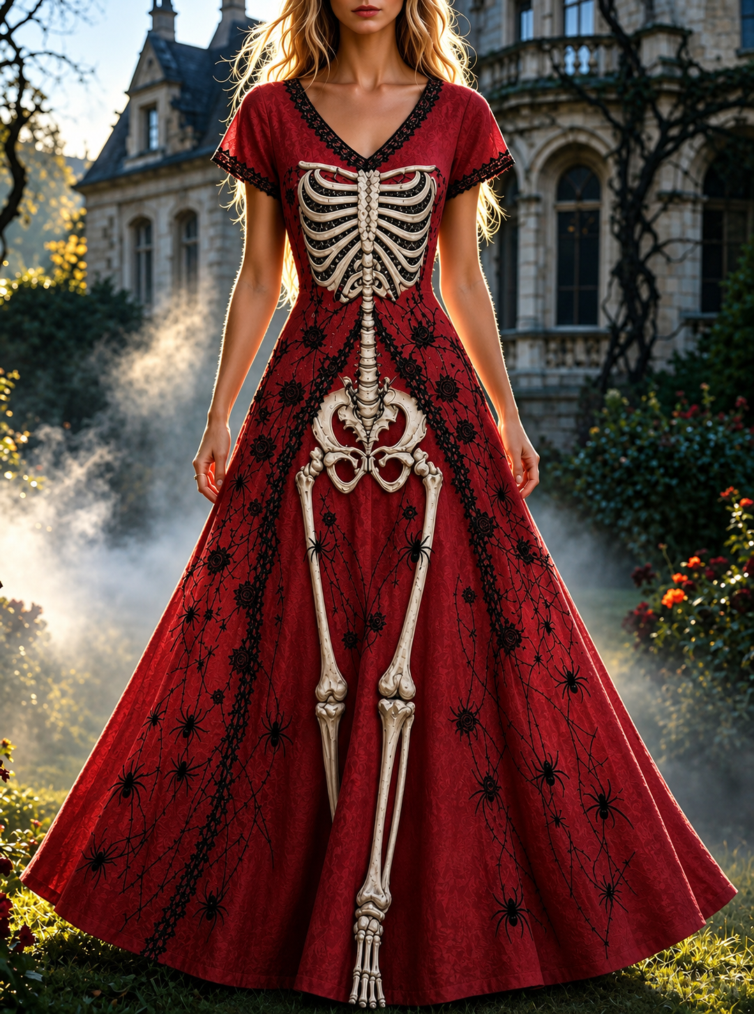 Women's Retro Gothic Skull Floral Pattern Short Sleeves Maxi Halloween Dress