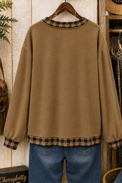 Retro Plaid Pumpkin Print Long Sleeve Halloween Sweatshirt
