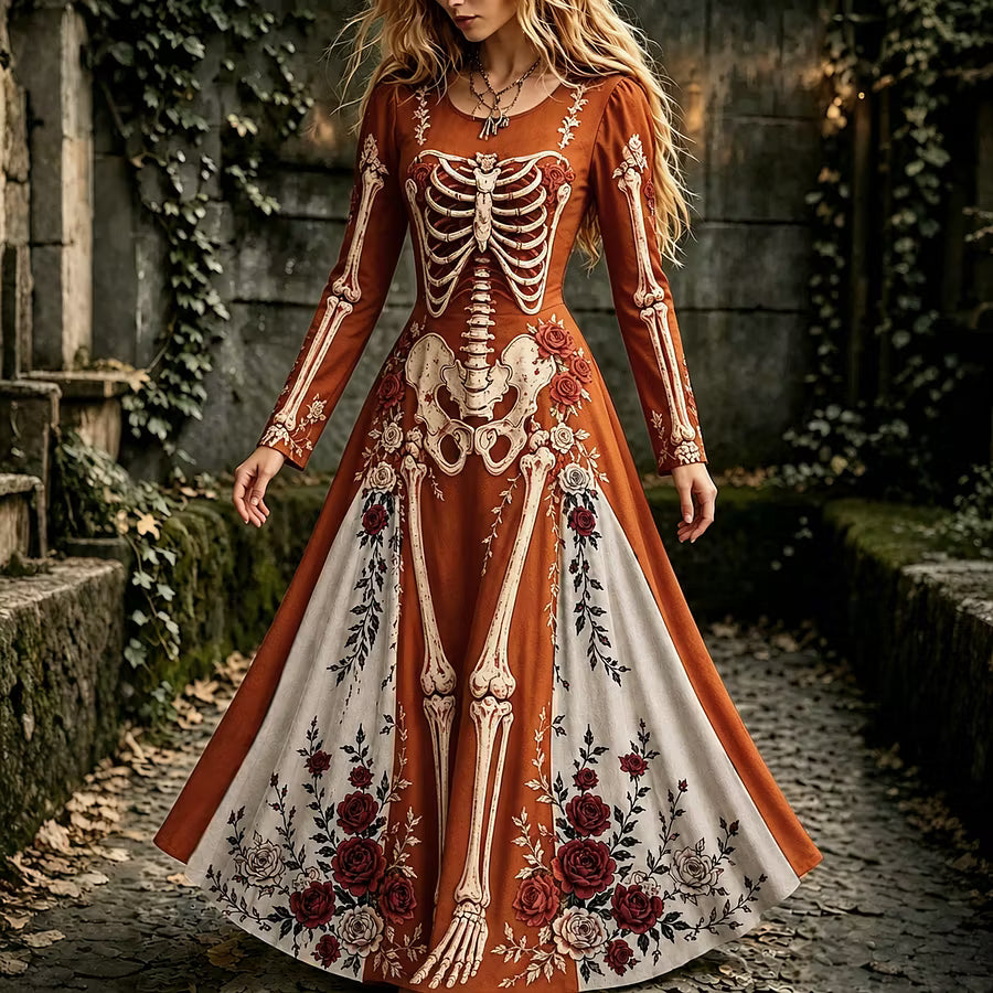 Women's Halloween Gothic Skeleton & Floral Long-sleeve Maxi Dress