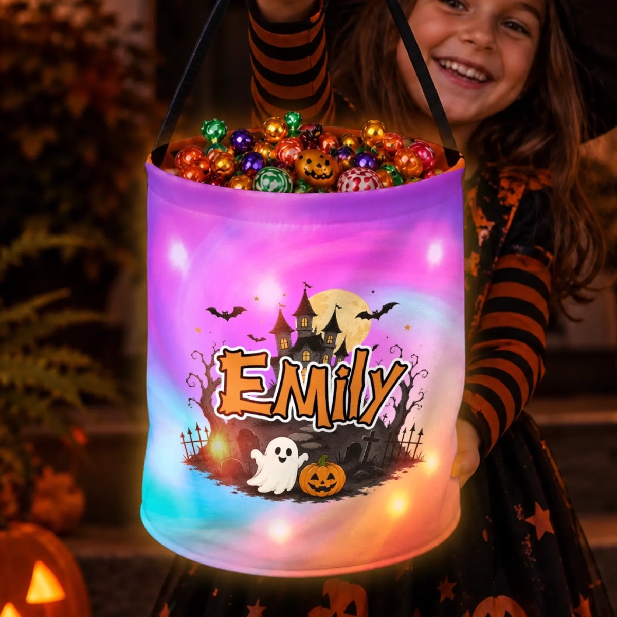 Custom LED Light Bucket Bag - Personalized Halloween Birthday Gifts For Kids - Tiny Trickster