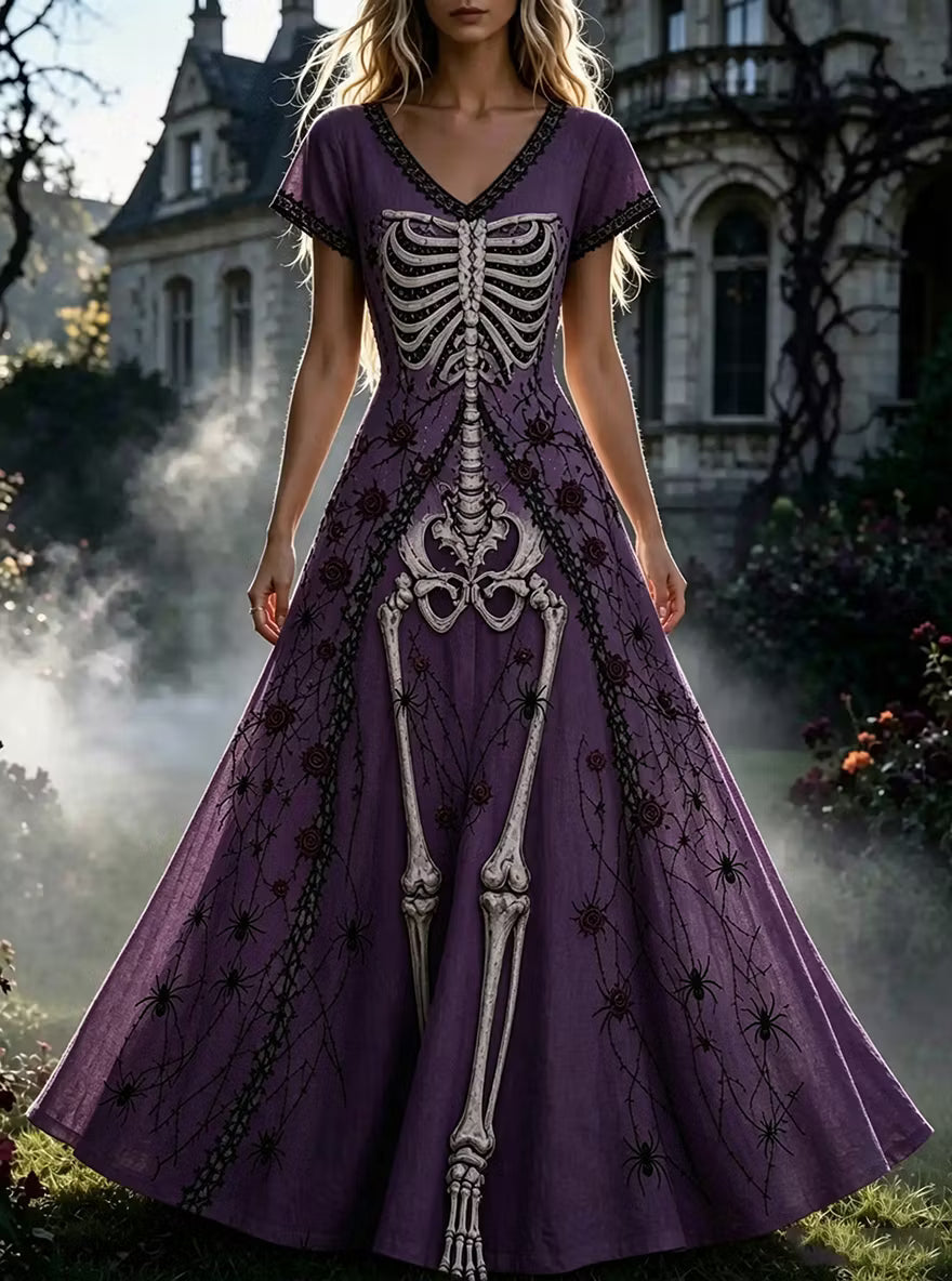 Women's Retro Gothic Skull Floral Pattern Short Sleeves Maxi Halloween Dress