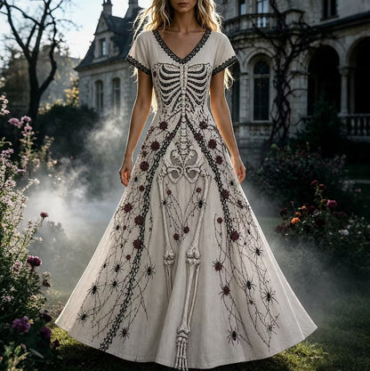 Women's Retro Gothic Skull Floral Pattern Short Sleeves Maxi Halloween Dress