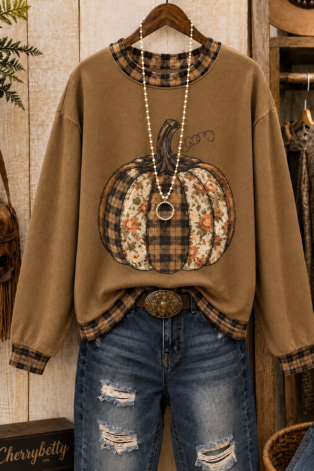 Retro Plaid Pumpkin Print Long Sleeve Halloween Sweatshirt