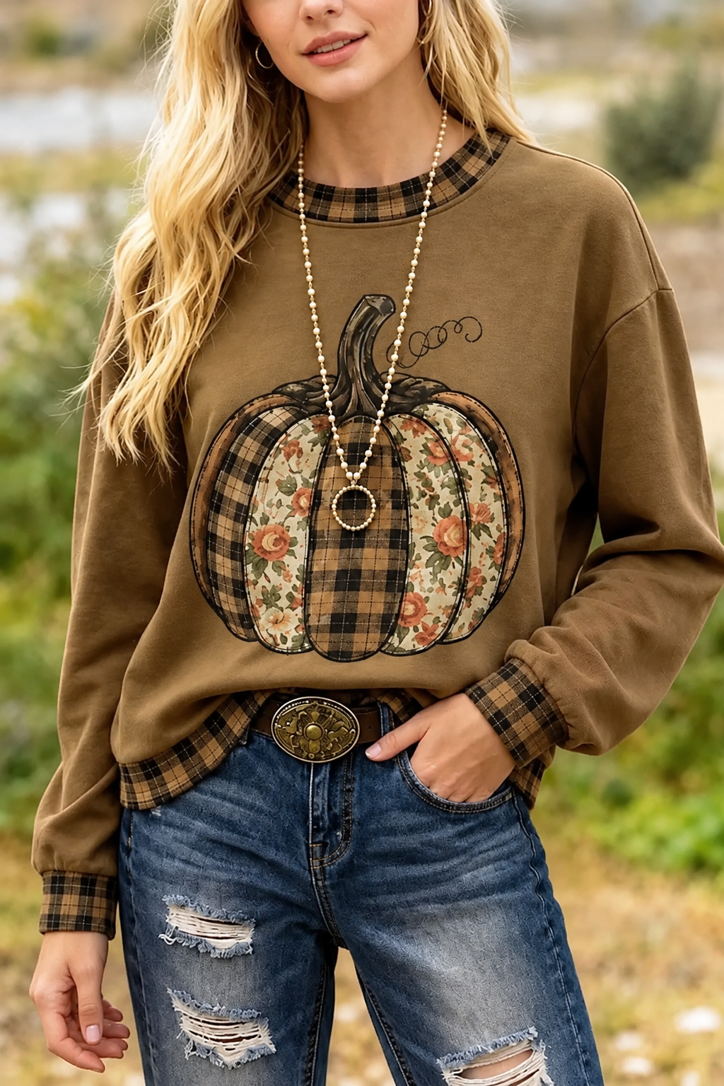 Retro Plaid Pumpkin Print Long Sleeve Halloween Sweatshirt