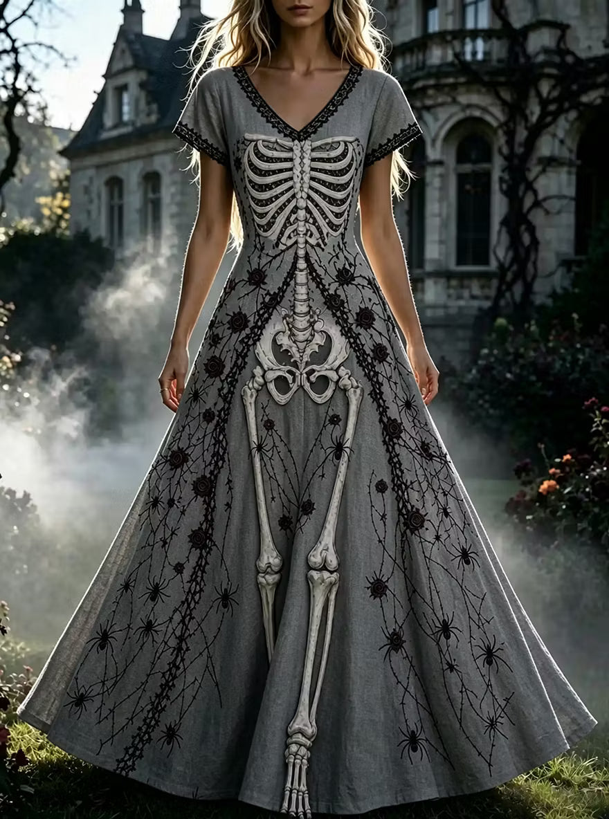 Women's Retro Gothic Skull Floral Pattern Short Sleeves Maxi Halloween Dress