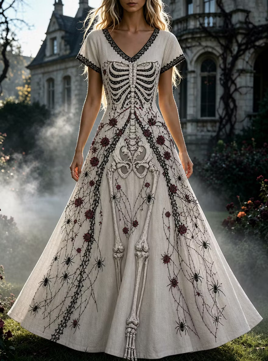 Women's Retro Gothic Skull Floral Pattern Short Sleeves Maxi Halloween Dress