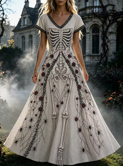 Women's Retro Gothic Skull Floral Pattern Short Sleeves Maxi Halloween Dress