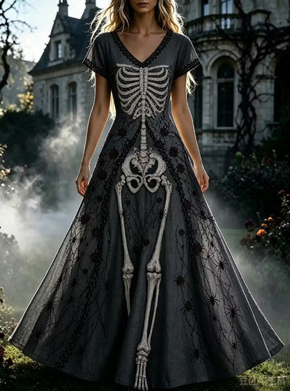 Women's Retro Gothic Skull Floral Pattern Short Sleeves Maxi Halloween Dress