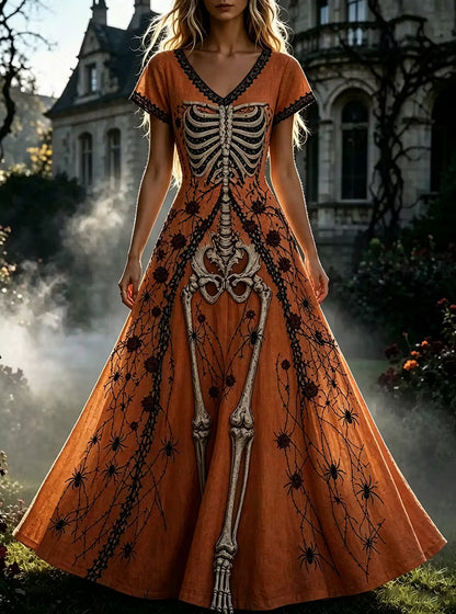 Women's Retro Gothic Skull Floral Pattern Short Sleeves Maxi Halloween Dress